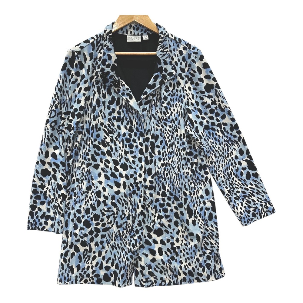Susan Graver Graver Blue Leopard Print Longline Jacket Size L Notched Collar